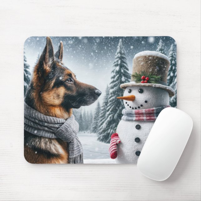 German Shepherd With Holiday Snowman Mouse Mat (With Mouse)