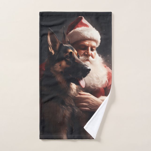 German Shepherd With Santa Claus Festive Christmas Bath Towel Set (Hand Towel)