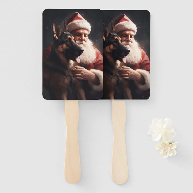 German Shepherd With Santa Claus Festive Christmas Hand Fan (Front and Back)
