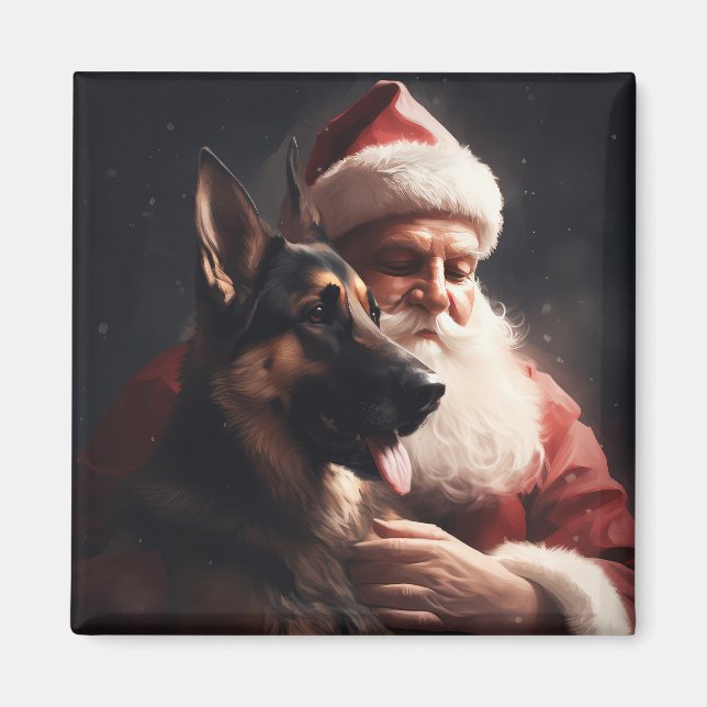 German Shepherd With Santa Claus Festive Christmas Magnet (Front)