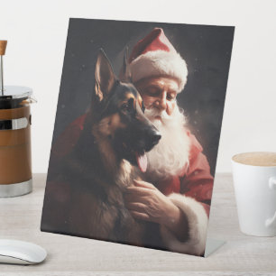 German Shepherd With Santa Claus Festive Christmas Pedestal Sign