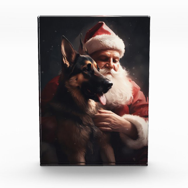 German Shepherd With Santa Claus Festive Christmas Photo Block (Front)