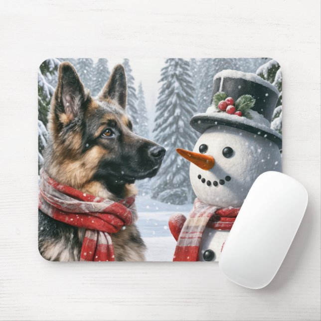 German Shepherd With Snowman Mouse Mat (With Mouse)
