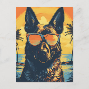 German-shepherd with sunglasses at a beach postcard