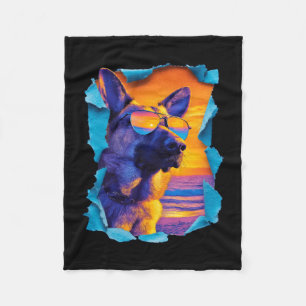 German shepherd with sunglasses sunset tropical fleece blanket