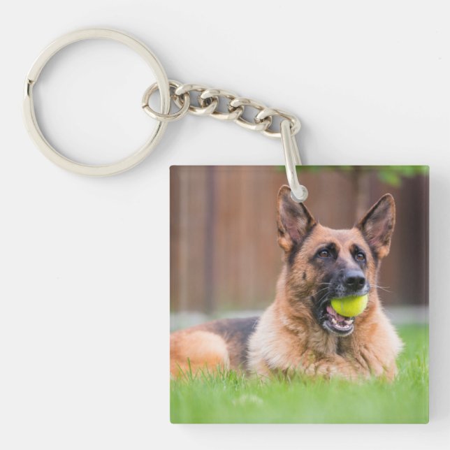 German Shepherd With Tennis Ball Key Ring (Front)