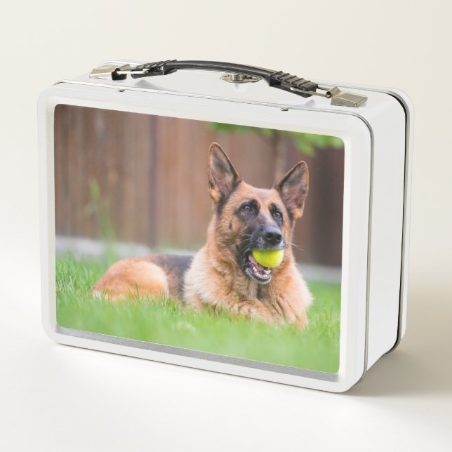 German Shepherd With Tennis Ball Metal Lunch Box (Back)