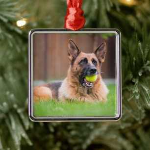 German Shepherd With Tennis Ball Metal Tree Decoration
