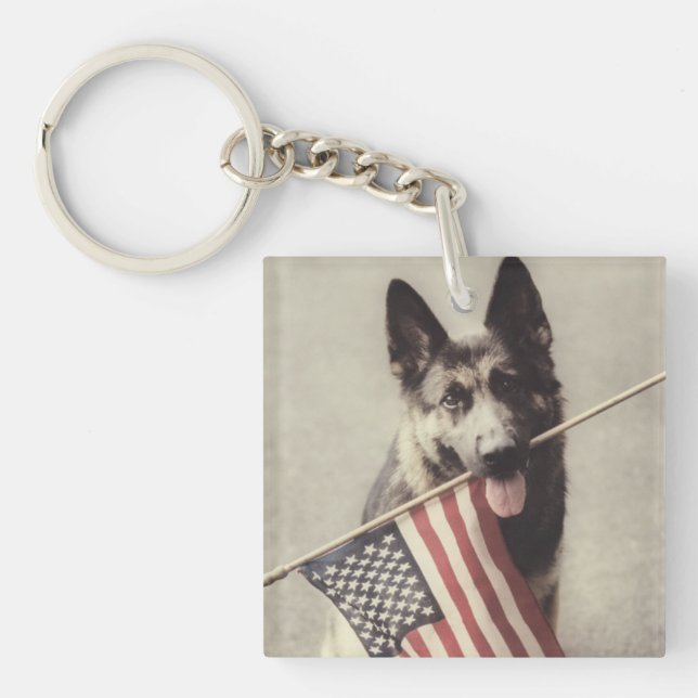 German Shepherd With US Flag Key Ring (Front)