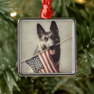 German Shepherd With US Flag Metal Tree Decoration