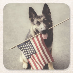 German Shepherd With US Flag Square Paper Coaster