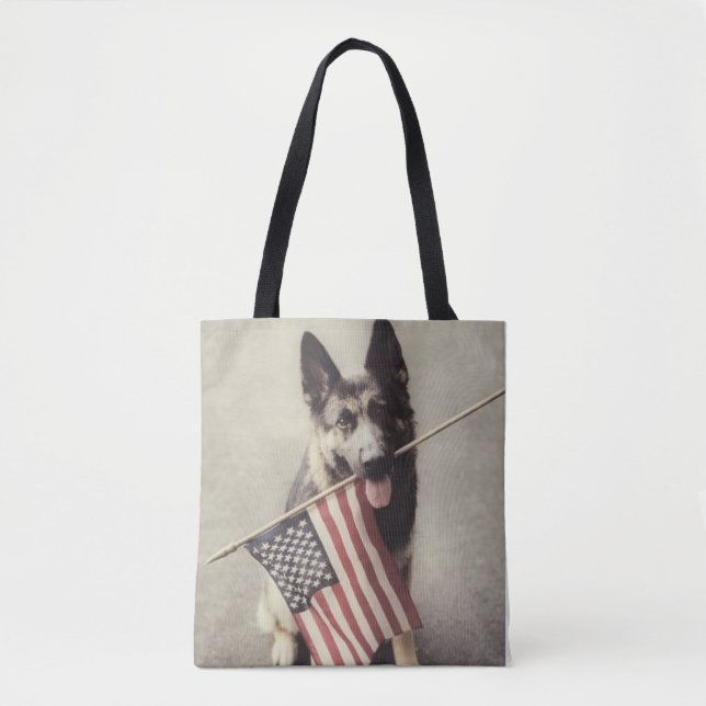 German Shepherd With US Flag Tote Bag (Front)