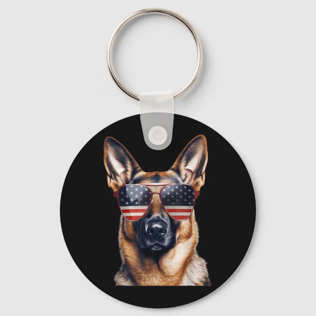 German Shepherd with USA Flag Independence Day 4th Key Ring (Front)