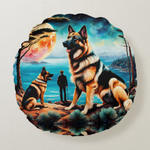 German Shepherds Hiking on Mountain Round Cushion