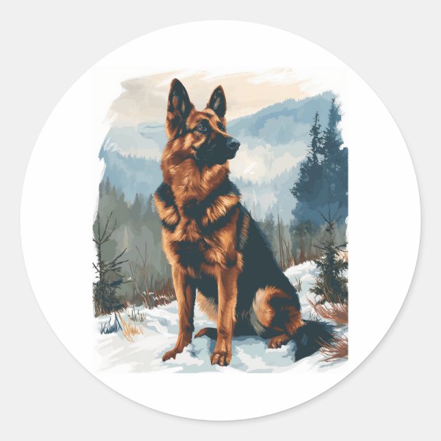 German Shepherds in Winter Wonderland Classic Round Sticker (Front)