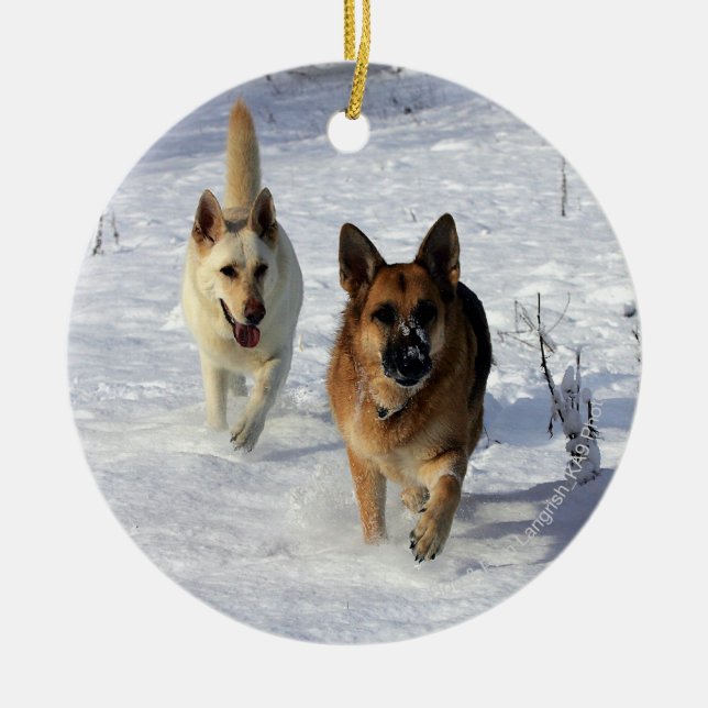 German Shepherds Running in the Snow Ceramic Tree Decoration (Front)