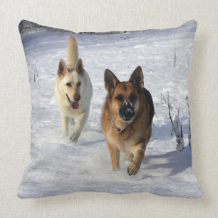 German Shepherds Running in the Snow Cushion