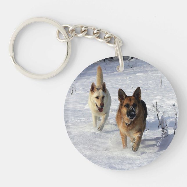 German Shepherds Running in the Snow Key Ring (Front)