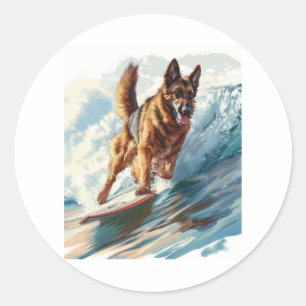 German Shepherds Surfing the Waves Classic Round Sticker