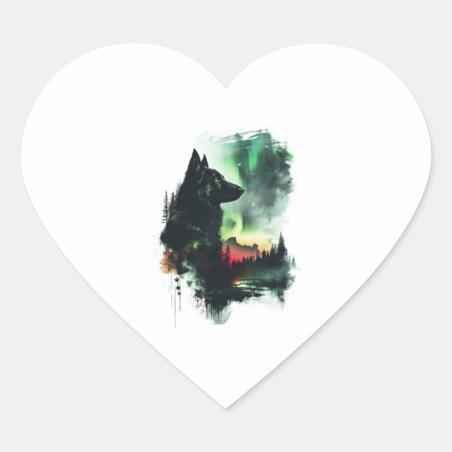 German Shepherds Under Northern Lights Heart Sticker (Front)