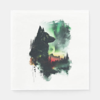 German Shepherds Under Northern Lights Napkin