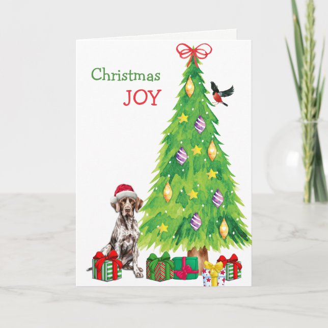 German Shorthair Pointer, Bird and Christmas Tree Holiday Card (Front)