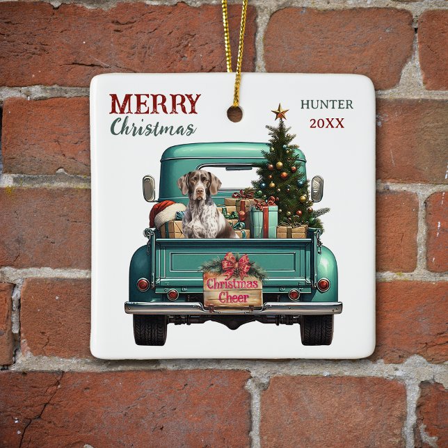 German Shorthair Pointer Dog Retro Truck Christmas Ceramic Ornament (Creator Uploaded)