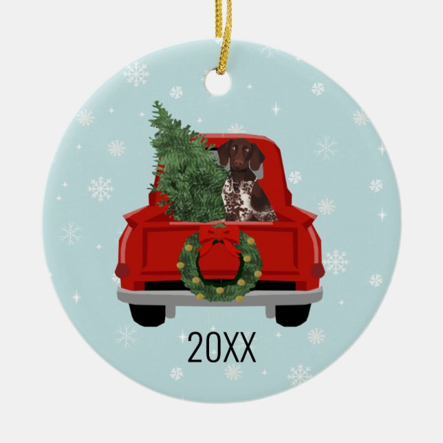 German Shorthaired Pointer Christmas Red Truck Ceramic Tree Decoration (Front)