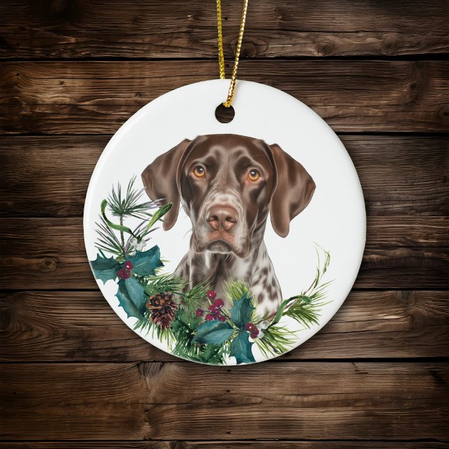 German Shorthaired Pointer Dog Holly Wreath Ceramic Tree Decoration (Creator Uploaded)