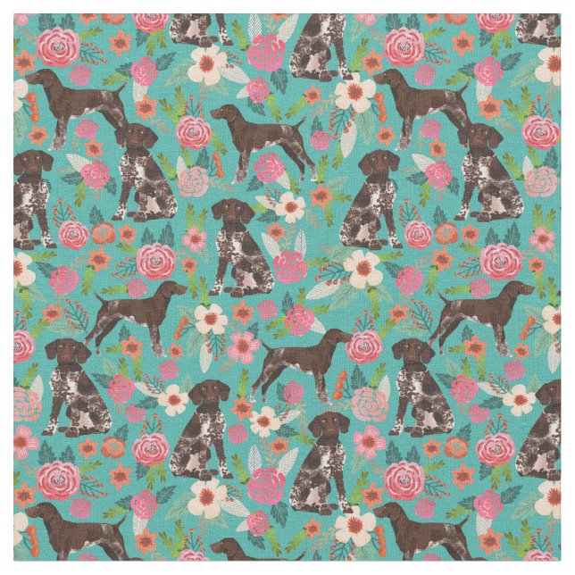 German Shorthaired Pointer florals turquoise Fabric (Close Up)