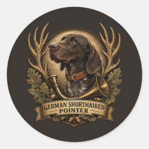 German Shorthaired Pointer, Hunting Horn Art Classic Round Sticker