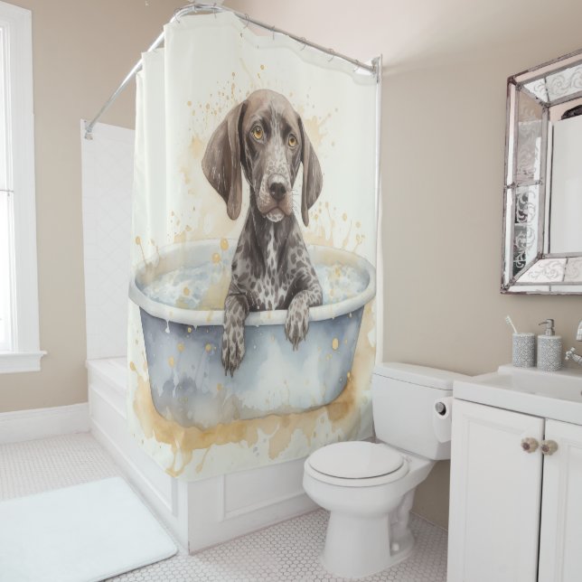 German Shorthaired Pointer In Bathtub Dog Art Shower Curtain (In Situ)