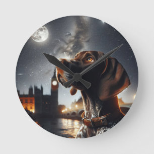 German Shorthaired Pointer Nighttime Sky Moon Round Clock