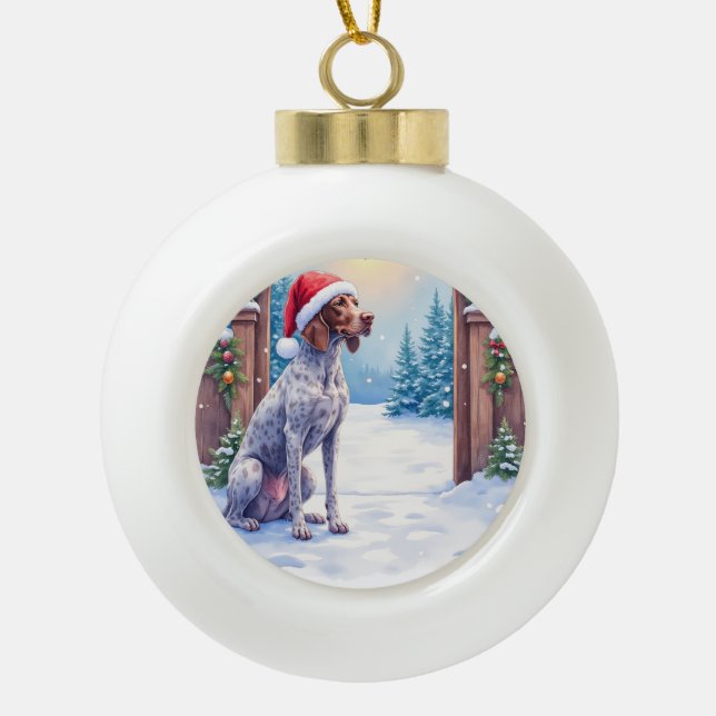 German Shorthaired Pointer Snowy Gate Santa Hat Ceramic Ball Christmas Ornament (Front)