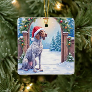 German Shorthaired Pointer Snowy Gate Santa Hat Ceramic Ornament