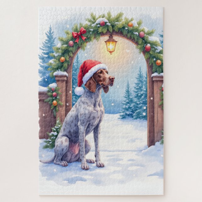 German Shorthaired Pointer Snowy Gate Santa Hat Jigsaw Puzzle (Vertical)