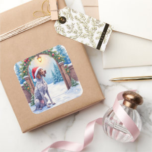 German Shorthaired Pointer Snowy Gate Santa Hat Square Sticker