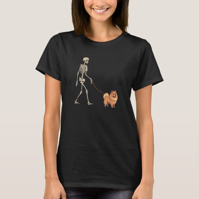 German Spitz Skeleton Dog Walking Halloween Dog T-Shirt (Front)