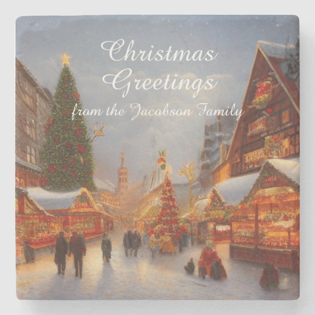 German Style Christmas Market Greetings Kitsch Stone Coaster (Front)
