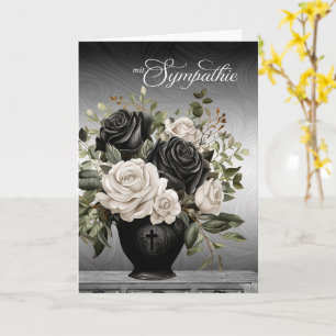 German Sympathy Vase of Black and White Roses Card