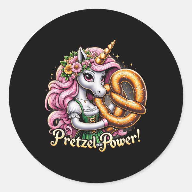 German Unicorn Drindl Pretzel Power Funny Kids  Classic Round Sticker (Front)