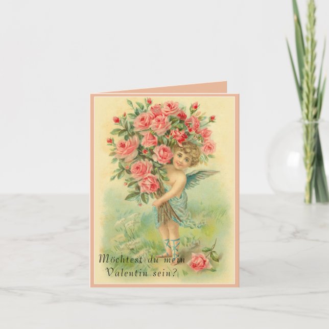 German Valentines Day Angel with Roses Holiday Card (Front)