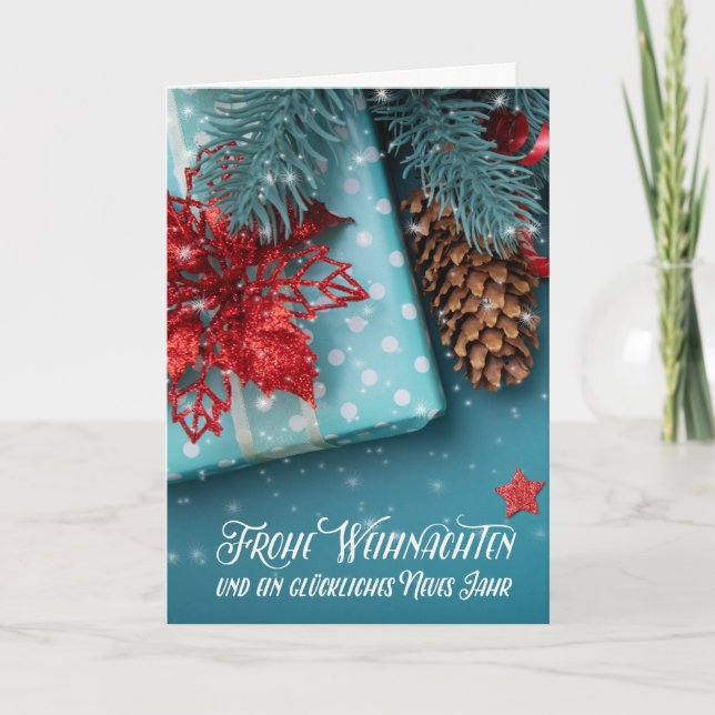 German Weihnachten Christmas Cheer Blue and Red Holiday Card (Front)