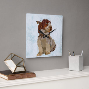 GERMAN WIRED HAIR DOG & BUTTERFLY SQUARE WALL CLOCK