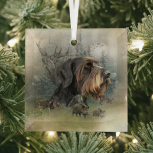 German Wirehaired Pointer, Boar Hunting    Glass O Tree Decoration