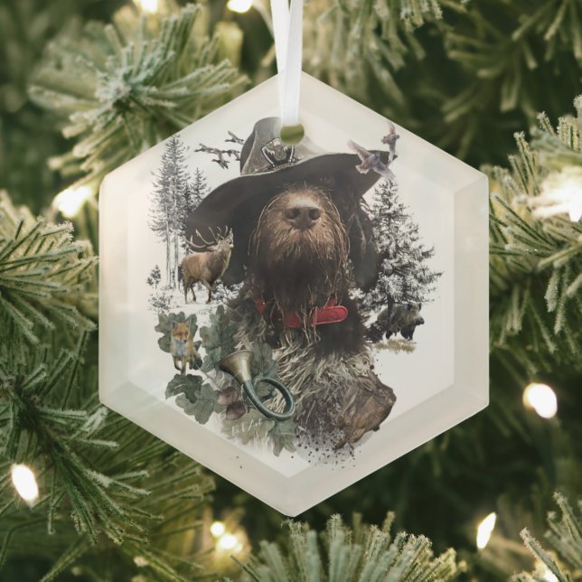 German Wirehaired Pointer, Boar Hunting    Glass Tree Decoration (Insitu)