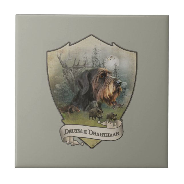 German Wirehaired Pointer, Boar Hunting   Tile (Front)
