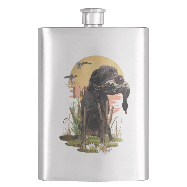 German Wirehaired Pointer hunting a duck Coffee Mu Hip Flask (Front)