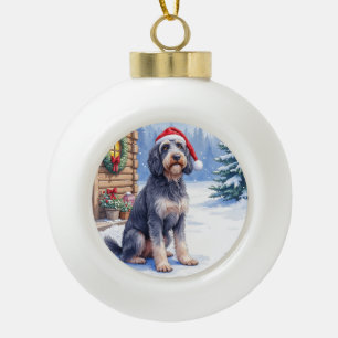 German Wirehaired Pointer Snowy Lodge Santa Hat Ceramic Ball Christmas Ornament