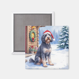 German Wirehaired Pointer Snowy Lodge Santa Hat Magnet